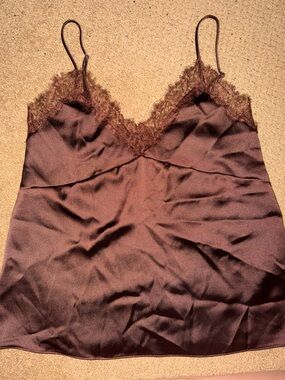 Zara Satin Chemise with Lace Trim in Brown